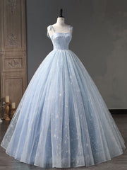 Homecoming Dress With Sleeves, Blue A-Line Tulle Long Prom Dress, Blue Formal Sweet 16 Dress