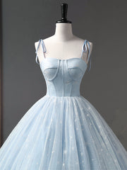 Homecomming Dresses With Sleeves, Blue A-Line Tulle Long Prom Dress, Blue Formal Sweet 16 Dress
