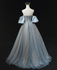 Formal Dress For Weddings, Blue A Line Tulle Long Prom Dress, Blue Tulle Evening Dress with Beading