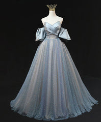 Formals Dresses Long, Blue A Line Tulle Long Prom Dress, Blue Tulle Evening Dress with Beading