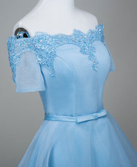 Formal, Blue A-Line Tulle Short Sleeve Lace Short Prom Dress, Blue Cute Homecoming Dress