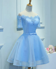 Short Formal Dress, Blue A-Line Tulle Short Sleeve Lace Short Prom Dress, Blue Cute Homecoming Dress