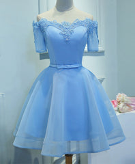 Dress Prom, Blue A-Line Tulle Short Sleeve Lace Short Prom Dress, Blue Cute Homecoming Dress