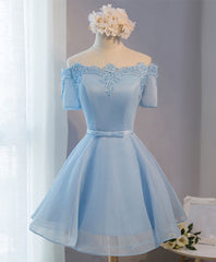 Boho Dress, Blue A-Line Tulle Short Sleeve Lace Short Prom Dress, Blue Cute Homecoming Dress