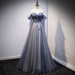 Dream, Blue and Grey Tulle Long Sweetheart  Party Dress, Tulle A-line Formal Dress