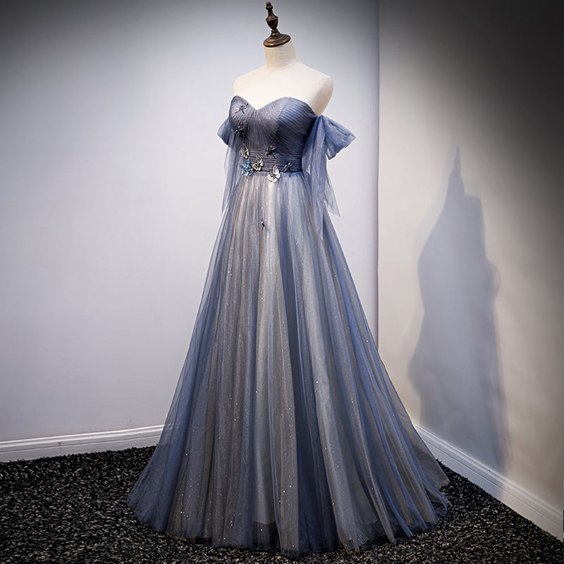 Vintage Dress, Blue and Grey Tulle Long Sweetheart  Party Dress, Tulle A-line Formal Dress