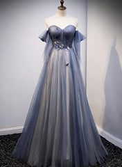 Prom Dress For Kids, Blue and Grey Tulle Long Sweetheart  Party Dress, Tulle A-line Formal Dress