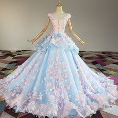 Party Dresses For Short Ladies, Blue and Pink Ball Gown Tulle with Flowers Sweet 16 Dress, Blue Formal Dress