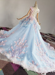 Party Dress Mini, Blue and Pink Ball Gown Tulle with Flowers Sweet 16 Dress, Blue Formal Dress
