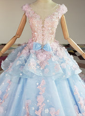 Party Dresses Mini, Blue and Pink Ball Gown Tulle with Flowers Sweet 16 Dress, Blue Formal Dress