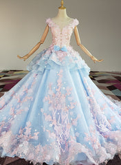 Party Dress Bridal, Blue and Pink Ball Gown Tulle with Flowers Sweet 16 Dress, Blue Formal Dress