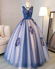 Prom Dresses Ball Gown Style, Blue and Pink Flower Lace Applique V-neckline Sweet 16 Gown, Floor Length Formal Dresses