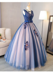 Prom Dresses For Teens Long, Blue and Pink Flower Lace Applique V-neckline Sweet 16 Gown, Floor Length Formal Dresses