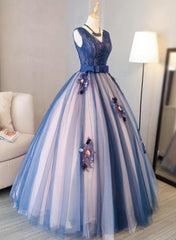 Prom Dresses 2024 Long, Blue and Pink Flower Lace Applique V-neckline Sweet 16 Gown, Floor Length Formal Dresses