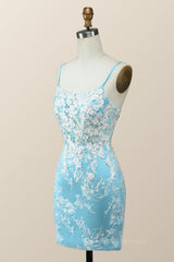 Party Dress Shiny, Blue and White Floral Embroidered Tight Mini Dress