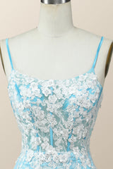 Party Dress Wedding Guest Dress, Blue and White Floral Embroidered Tight Mini Dress