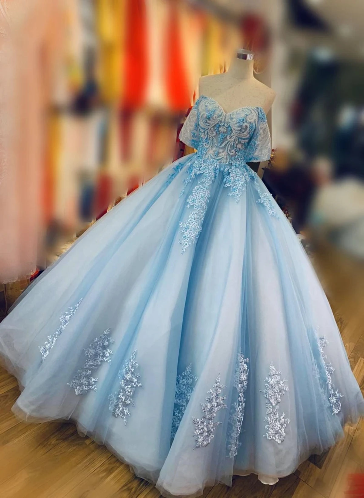 Prom Dresses Blush, Blue Ball Gown Beaded and Lace Long Sweet 16 Dress, Blue Tulle Formal Dress