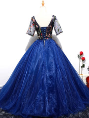 Prom Dresses Long Beautiful, Blue Ball Gown Tulle with Lace Short Sleeves Party Dress, Blue Sweet 16 Dress