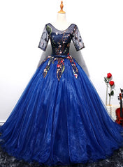 Prom Dresses Laces, Blue Ball Gown Tulle with Lace Short Sleeves Party Dress, Blue Sweet 16 Dress