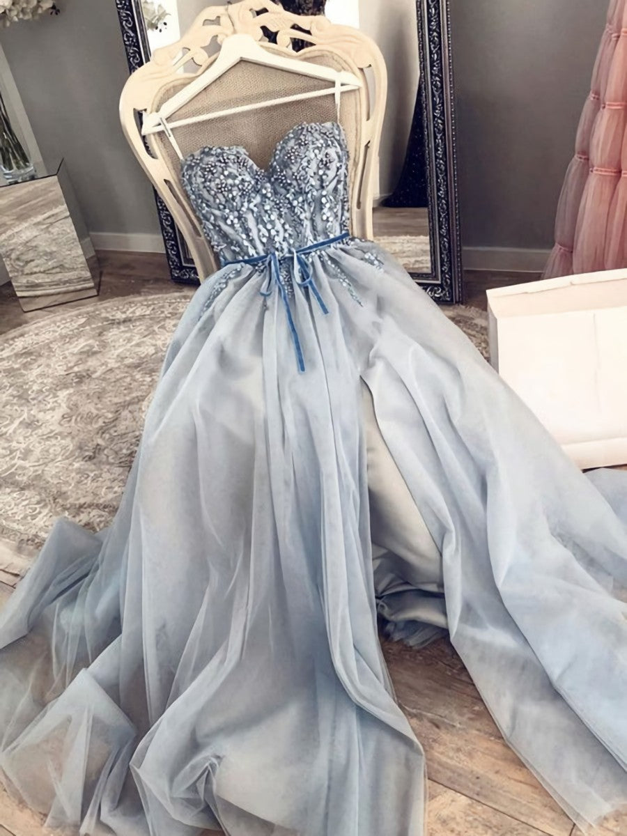 Go Out Outfit, Blue Beaded Long Prom Dresses, Sweetheart Neck Blue Long Formal Evening Dresses with Beadings