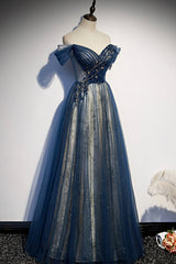 Homecomming Dresses Bodycon, Blue Beaded Off Shoulder Sweetheart Shiny Tulle Party Dress, Blue Evening Dress Prom Dress