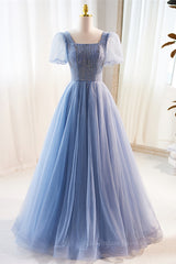 Party Dress Ladies, Blue Beaded Puff Sleeves A-line Tulle Long Prom Dress