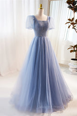 Party Dress For Teen, Blue Beaded Puff Sleeves A-line Tulle Long Prom Dress