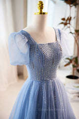 Party Dresses For Teen, Blue Beaded Puff Sleeves A-line Tulle Long Prom Dress