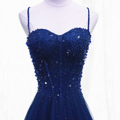 Homecoming Dress Sparkles, Blue Beaded Straps A-line Tulle New Prom Dress Party Dress, Blue Floor Length Party Dress