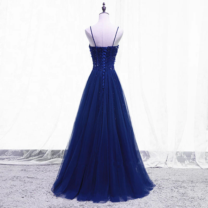 Homecoming Dress Sparkle, Blue Beaded Straps A-line Tulle New Prom Dress Party Dress, Blue Floor Length Party Dress