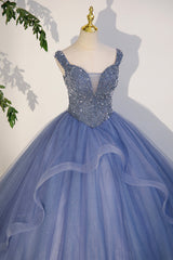 Formal Dresses On Sale, Blue Beaded Tulle Long A-Line Prom Dress, Blue Formal Dress