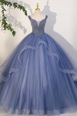 Formal Dresses Shops, Blue Beaded Tulle Long A-Line Prom Dress, Blue Formal Dress