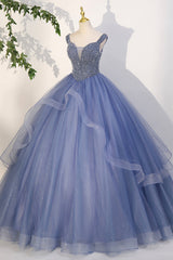 Formal Dress Black, Blue Beaded Tulle Long A-Line Prom Dress, Blue Formal Dress
