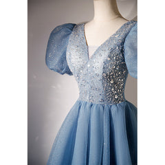 Party Dress Modest, Blue Beaded Tulle Short Sleeves Formal Dresses, Blue Homecoming Dress Prom Dress