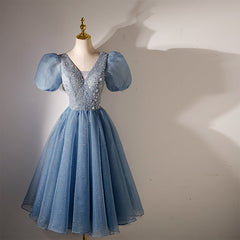 Winter Dress, Blue Beaded Tulle Short Sleeves Formal Dresses, Blue Homecoming Dress Prom Dress