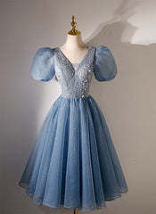 Party Dresses Modest, Blue Beaded Tulle Short Sleeves Formal Dresses, Blue Homecoming Dress Prom Dress