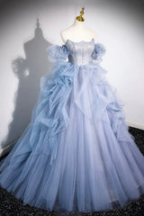 Prom Dress Dresses, Blue Cascading Ruffles Long Prom Dresses, A-Line Strapless Short Sleeve Sweep Train Evening Dress