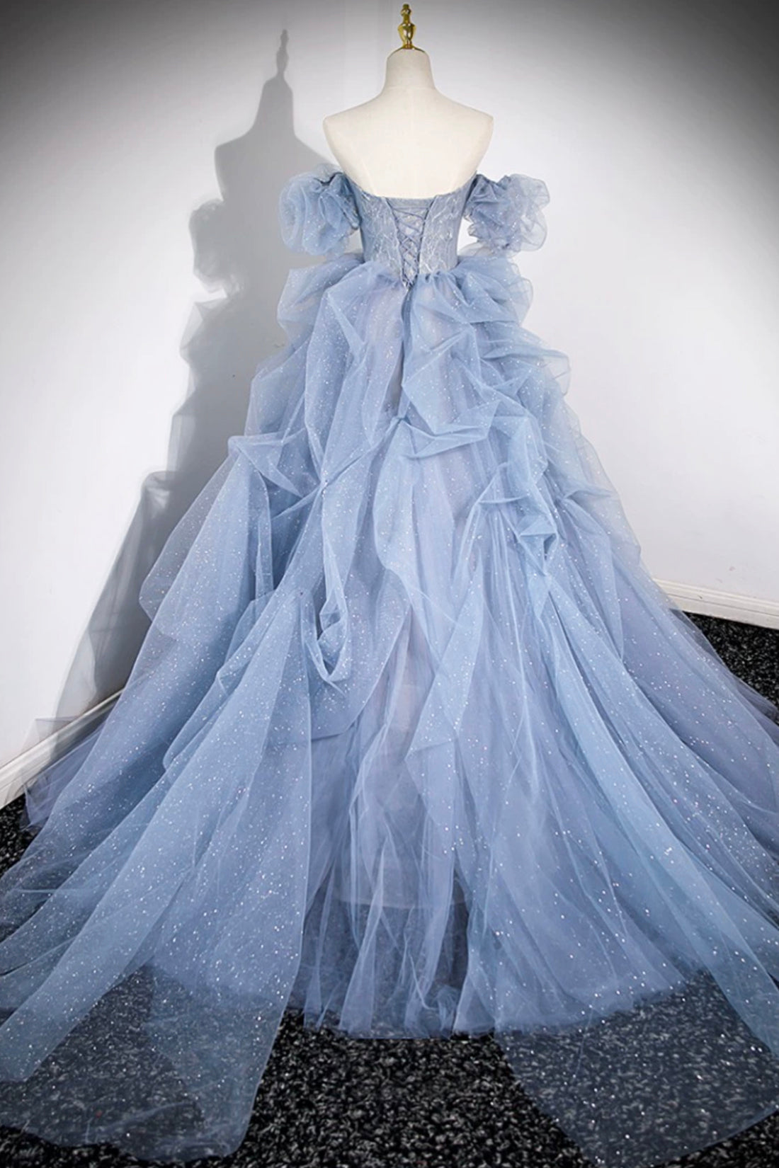 Prom Dresses Dress, Blue Cascading Ruffles Long Prom Dresses, A-Line Strapless Short Sleeve Sweep Train Evening Dress