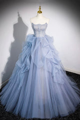 Prom Dresses Corset, Blue Cascading Ruffles Long Prom Dresses, A-Line Strapless Short Sleeve Sweep Train Evening Dress