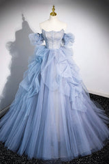 Prom Dresses Dresses, Blue Cascading Ruffles Long Prom Dresses, A-Line Strapless Short Sleeve Sweep Train Evening Dress