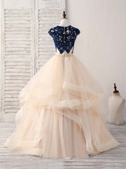 Bridesmaid Dresses With Lace, Blue/Champagne Tulle Lace Applique Long Prom Dress, Evening Dress