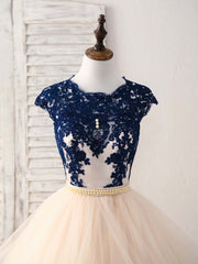 Bridesmaid Dresses Mismatched Summer, Blue/Champagne Tulle Lace Applique Long Prom Dress, Evening Dress