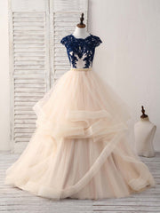 Bridesmaid Dress With Lace, Blue/Champagne Tulle Lace Applique Long Prom Dress, Evening Dress