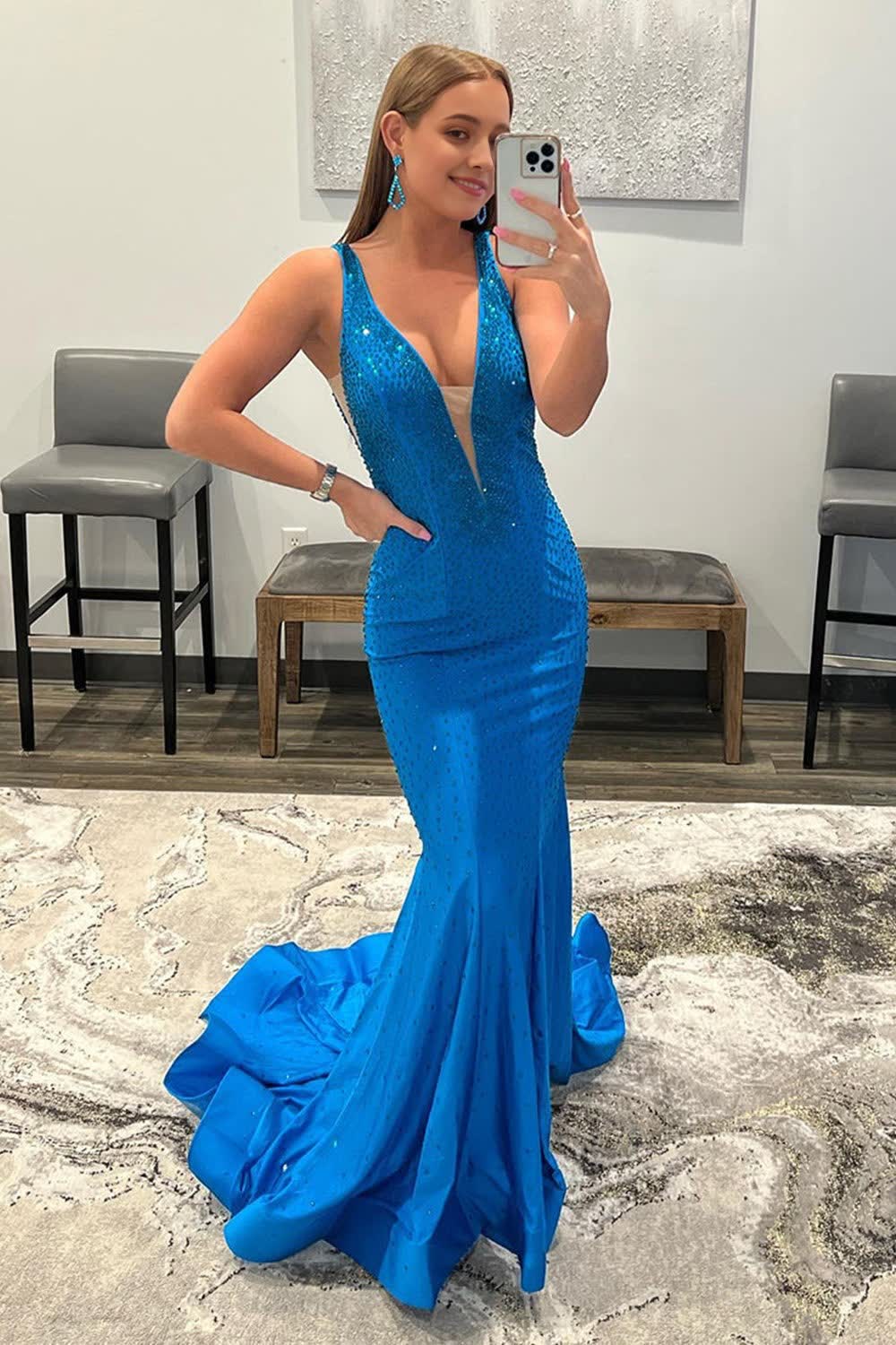 Blue Deep V-neck Mermaid Prom Dress with Beading