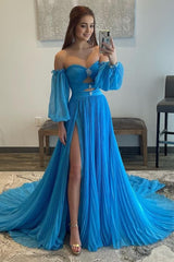 Blue Detachable Sleeves Cut-Out Long Prom Dress with Beading