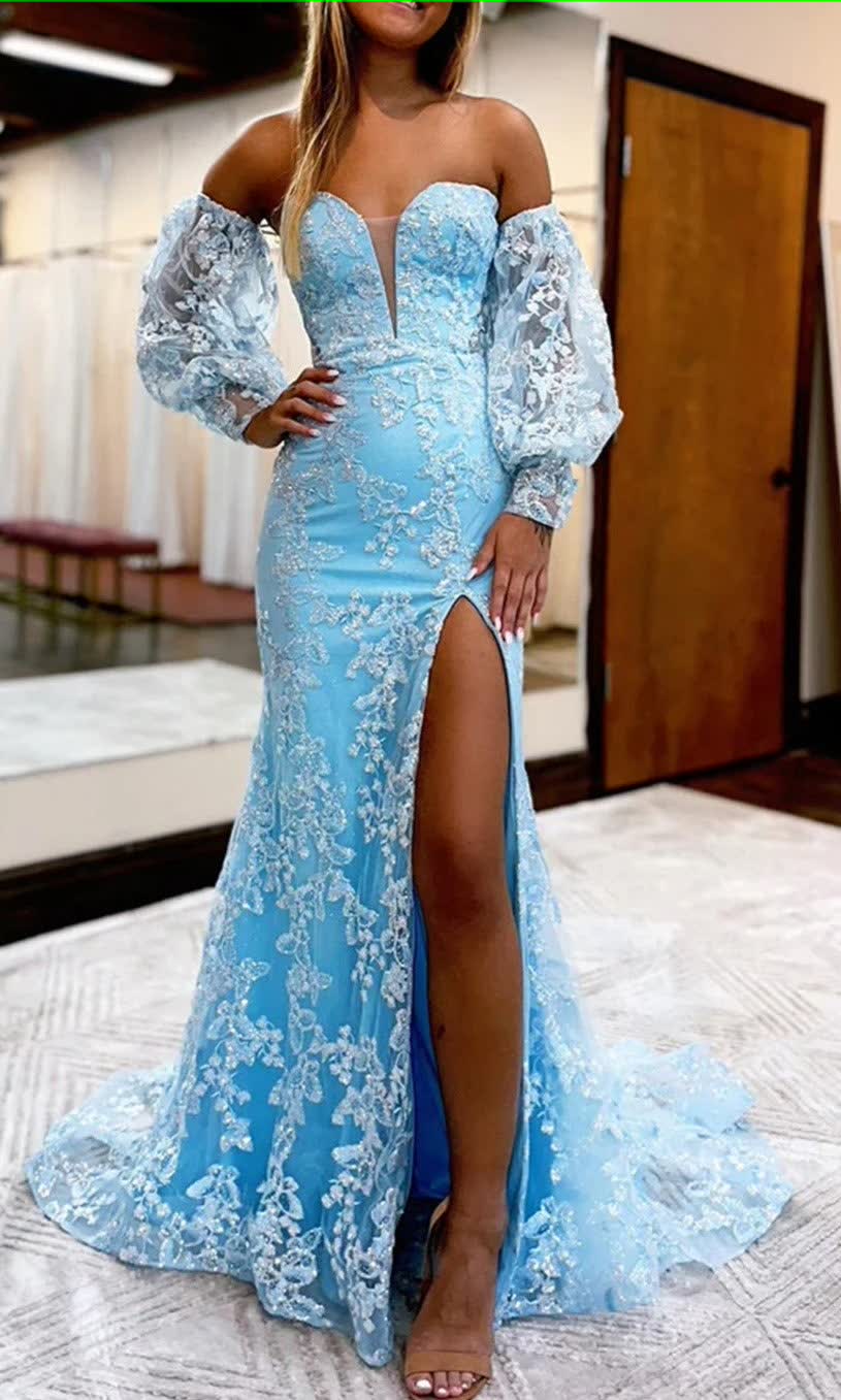Blue Detachable Sleeves Sweetheart Lace Long Prom Dress with Slit