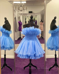 Bridesmaids Dresses Summer, Blue Fit and Flare Ruffles A-line Short Dress