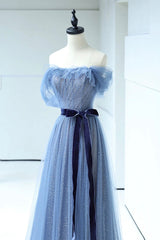 Prom Dresses Unique, Blue Floor Length Prom Dress, A-line Strapless Tulle Evening Dress