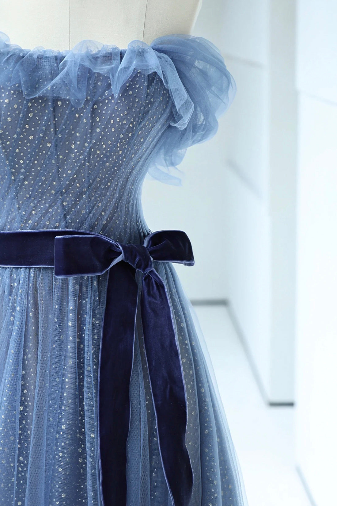 Prom Dress Cheap, Blue Floor Length Prom Dress, A-line Strapless Tulle Evening Dress