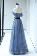 Prom Dress Beautiful, Blue Floor Length Prom Dress, A-line Strapless Tulle Evening Dress